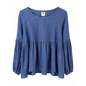 Crown Linen Designs Top Women S Blue 100% European Linen Babydoll Peplum Blouse